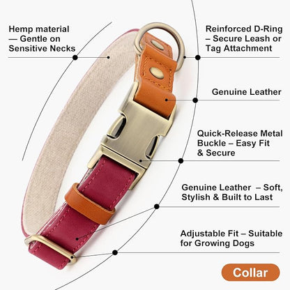 Plutus Pet Genuine Leather & Hemp Dog Collar – Adjustable Heavy Duty Pet Collar with Quick Release Metal Buckle, Soft & Stylish for Puppy and Small, Medium, Large Dogs (Burgundy, M)