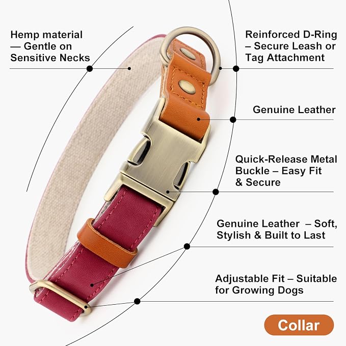 Plutus Pet Genuine Leather & Hemp Dog Collar – Adjustable Heavy Duty Pet Collar with Quick Release Metal Buckle, Soft & Stylish for Puppy and Small, Medium, Large Dogs (Burgundy, L)