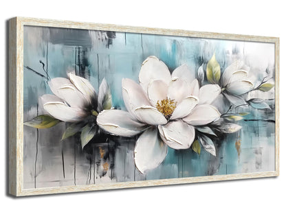 Ardemy Magnolia Wall Art Framed Canvas Wall Decor Living Room, White Floral Picture Wall Decor Teal Painting Flower Textured Extra Large Artwork for Bedroom Dining Room Home Office 58"x29"