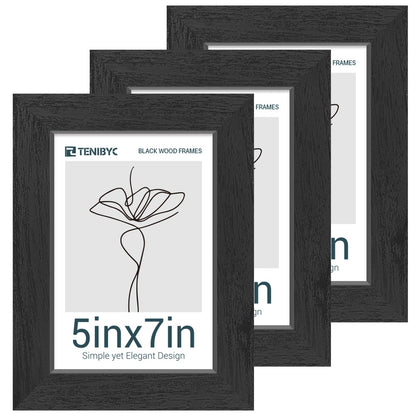 TENIBYC 5x7 Picture Frames Set - 3 Pack - Black Solid Wood Poster Frame - Tempered Glass - Exclusive Woodgrain - Rooms, Offices, Gallery, Studio, and Hallway, Wall Display Decor