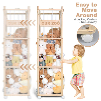 Stuffed Animal Storage, Wooden Cute Zoo Toy Holder with Brake Wheels, Space Save Toy Organizer, Large Capacity Stuffed Animal Holder, Perfect for Nursery Playroom Kidroom Bedroom-54 Inch