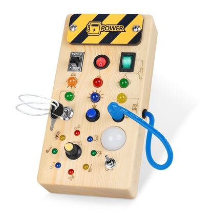 Montessori Wooden Busy Board with 8 LED Light switches, Sensory Toys Light Switch Travel Toys for 1+ Year Old Baby and Toddler