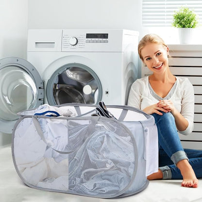 Sturdy Collapsible Laundry Baskets, Foldable Pop Up Laundry Hamper, Durable 2 Compartments Laundry Basket, Handy Pocket & Easy to Sort Clothes Hampers for Laundry, Dorm, Kids Room, Travel Grey
