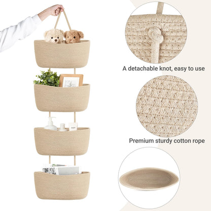 Dahey Over The Door Hanging Basket 4-Tier Woven Boho Wall Mounted Storage Organizer with Hooks for Bedroom Nursery Bathroom Apartments Dorm Pantry Decor, Jute