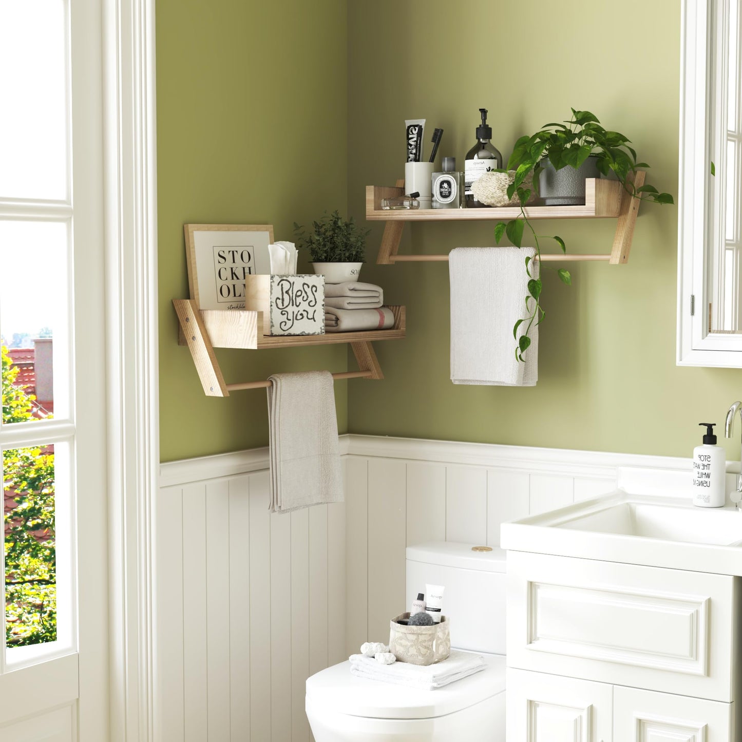 Sumbame Set of 2 Bathroom Shelves Over Toilet,U-Shaped Hanging Shelves for Wall with Towel Bar,Storage Room Shelves,Farmhouse Wooden Shelf for Bathroom,Kitchen,Living Room,Bedroom (Carbonized Black)