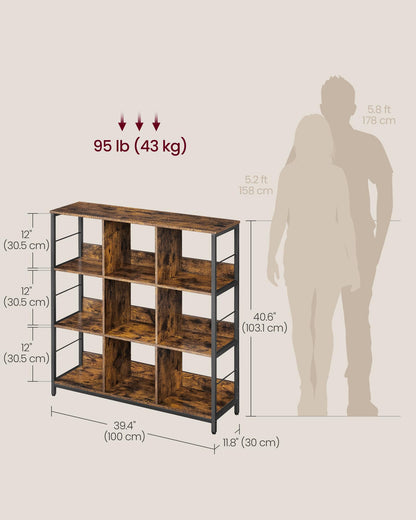 VASAGLE Bookshelf, Bookcase, 9 Cubes Storage Organizer, Industrial Open Display Shelf, for Bedroom, Office, Living Room, Metal Frame, Rustic Brown and Black ULLS112B01