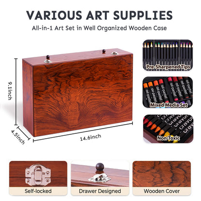 TMOL Art Supplies, 175-Pack Deluxe Art Set Drawing Painting Kit with 2 Drawing Pads, Acrylic Paints, Colored Pencils, Crayons, Art Kit in Wooden Case, Gift for Artist, Adults, Teens and Kids