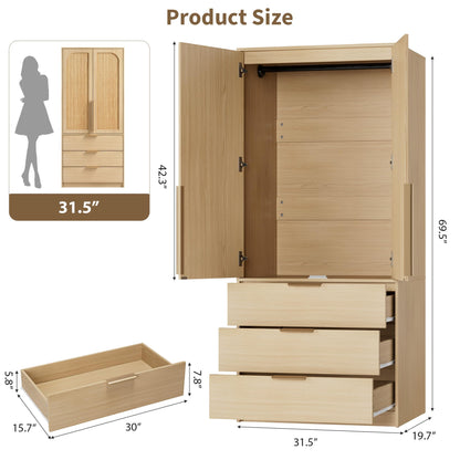 GarveeHome Armoire Wardrobe Closet, 69.5 in Wooden Wardrobe Cabinet with 3 Drawers, Hanging Rod, 2 Doors Clothing Storage Cabinet for Bedroom, Large Capacity Storage, Rattan Door, Natural