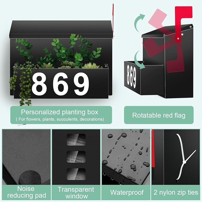 Wall-Mount Mailbox with Flag, Large Capacity Mailboxes for Outside House with Planter & 3 Sets of 0-9 Mailbox Number Stickers, Galvanized Steel Rust-Proof Post Box Metal Mail Box (Black)