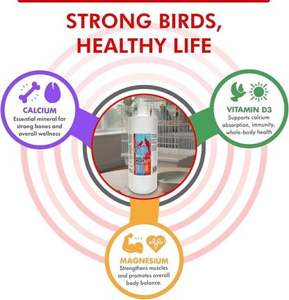 Morning Bird Calcium Plus Liquid for Birds – Calcium Supplement with Vitamins and Minerals for Strong Eggshells, Healthy Bones - Support Growth, Breeding, and Wellness for All Birds 32 Fl Oz