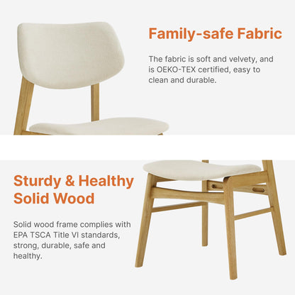 KISLOT Wooden Dining Chairs Set of 2, Upholstered Modern Dining Room Chairs, Solid Oak Wood Kitchen Chairs with Soft Cushion Backrest for Farmhouse, Restaurant, Café (Cream Fabric & Original Color)