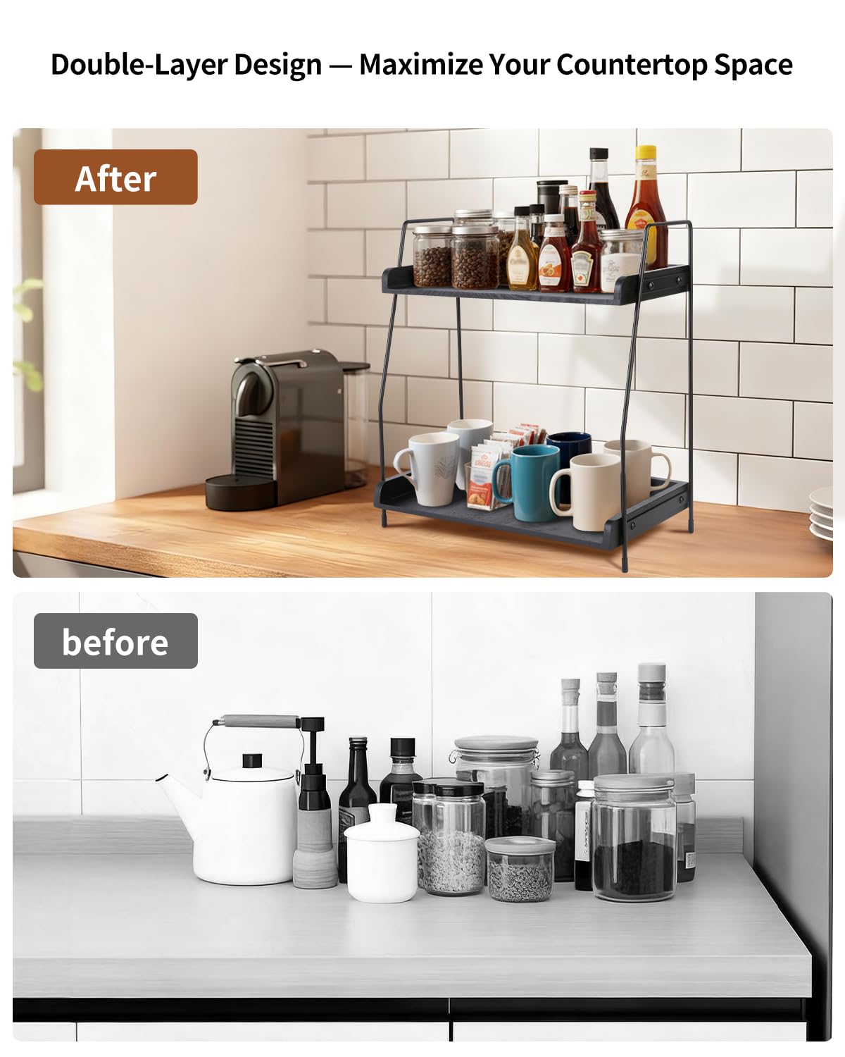 seashpea Coffee Bar Organizer for Countertop, 2-Tier Coffee Station Organizer with Metal Frame & Wooden Shelves, Coffee Accessories Organizer Rack for Pods, Syrups, Cups & Tea Bags (Black)