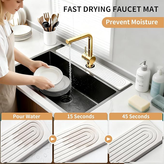 Quick Dry Absorbent Diatomaceous Earth Faucet Mat, Sink Water Splash Guard &