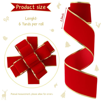 2 Rolls 2.5 Inch x 12 Yards Red Velvet Ribbon Christmas Wide Ribbons Red Wrapping Ribbon Craft Fabric Ribbons with Golden Edge for Wreaths DIY Crafts Bows Christmas Party Decoration