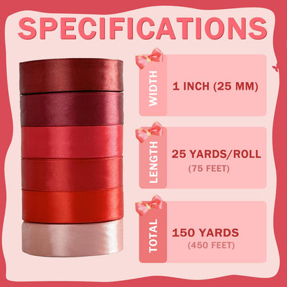 PURREITTI 150 Yards Red Satin Ribbon 1 Inch 6 Rolls Assortment Ribbons for Crafts Gift Wrapping Flower Bouquet Wedding Invitations Birthday Party Festival Decoration Hair Bows