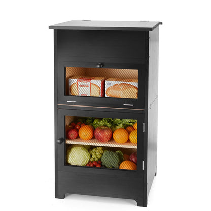 Large Potato and Onion Storage Bin - Wooden Stackable Bread Storage Box with Lid & Mesh Doors, Decorative Fruit and Vegetable Organization Cabinet for Kitchen, 15.75"W x 10.7"D x 33.5"H (Black)