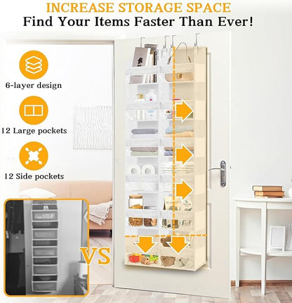 Over The Door Organizer 6 Tiers, Extra Large Behind Door Storage of 12