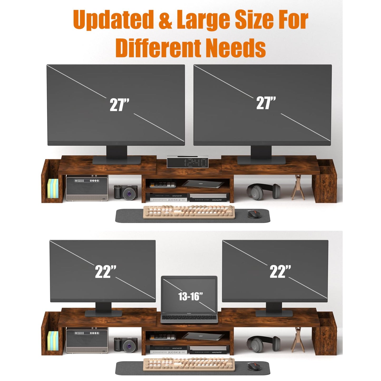Wood Dual Monitor Stand Riser, Desk Organizers and Accessories with Storage Pen Holders, Adjustable Length and Angle 3 Shelf Extra Long 46" Desktop Organizer for 2 Monitors, Computer, Laptop, TV,Rustic Brown (Triple)