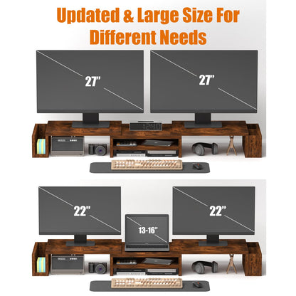 Wood Dual Monitor Stand Riser, Desk Organizers and Accessories with Storage Pen Holders, Adjustable Length and Angle 3 Shelf Extra Long 46" Desktop Organizer for 2 Monitors, Computer, Laptop, TV,Rustic Brown (Triple)