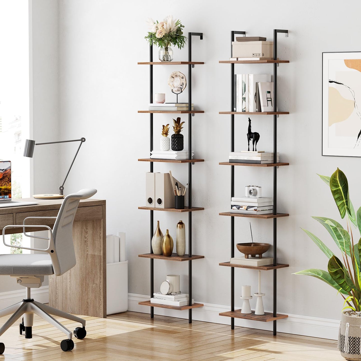 HOOBRO DIY Ladder Shelf, 6-Tier Wooden Wall Mounted Bookshelf, Narrow Bookcase, Display Shelf, Storage Rack, Plant Stand, for Living Room, Bedroom, Study, Balcony, Rustic Brown and Black BF651CJ01