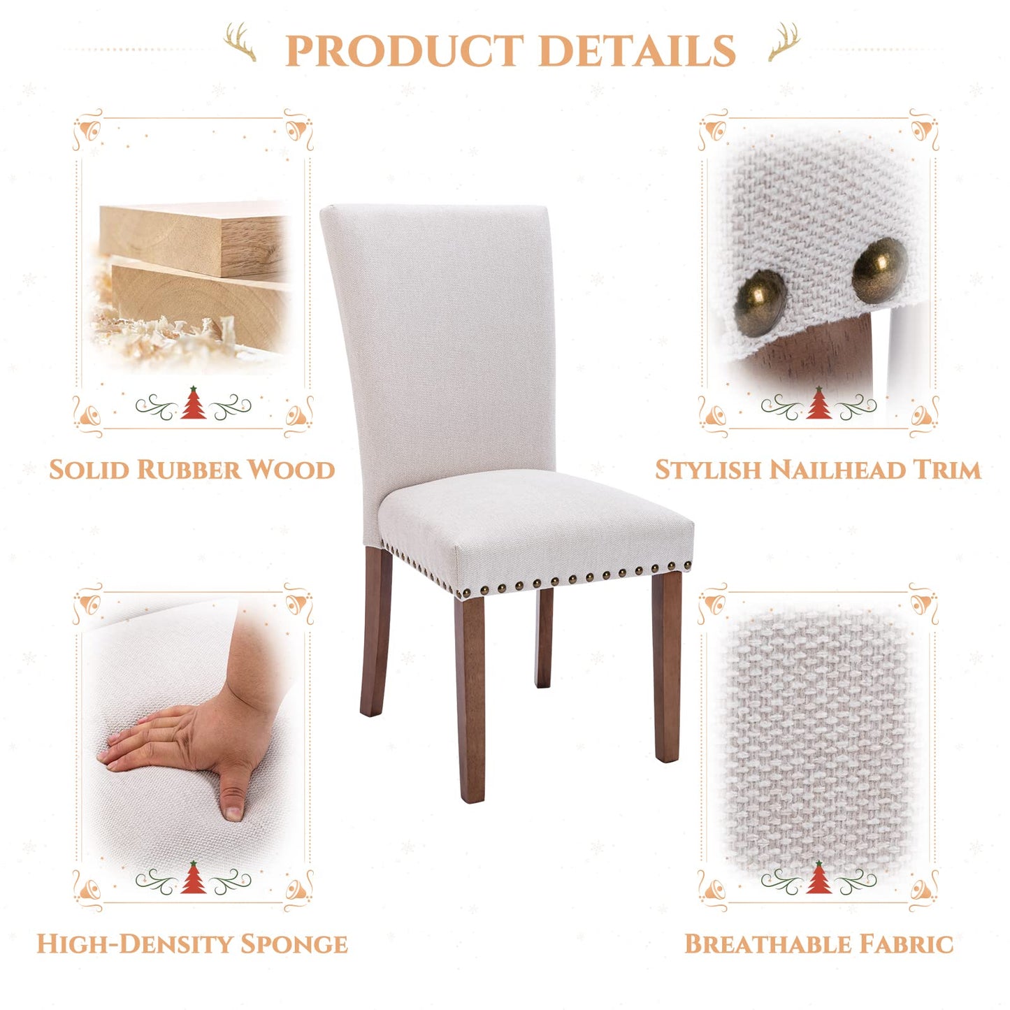 Upholstered Fabric Dining Chairs Set of 2, Parsons Dining Room Kitchen Side Chair with Nailhead Trim and Wood Legs - Beige