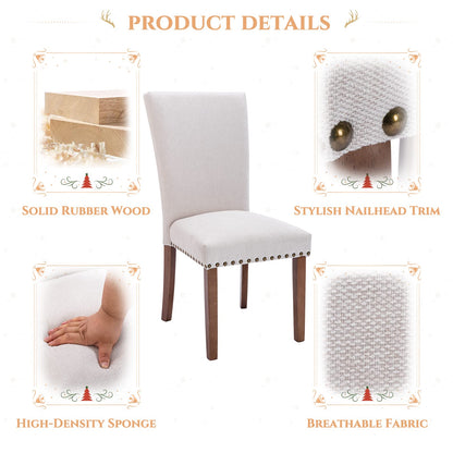Upholstered Fabric Dining Chairs Set of 2, Parsons Dining Room Kitchen Side Chair with Nailhead Trim and Wood Legs - Beige