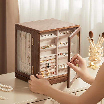 CHOSIN Black Walnut Wooden Jewelry Box, 360° Rotating Organizer with Glass Lid, 5 Drawers for Earrings, Rings, Necklaces – Vertical Jewelry Storage for Women, Ideal Gift for Her, Fathers Day Gift