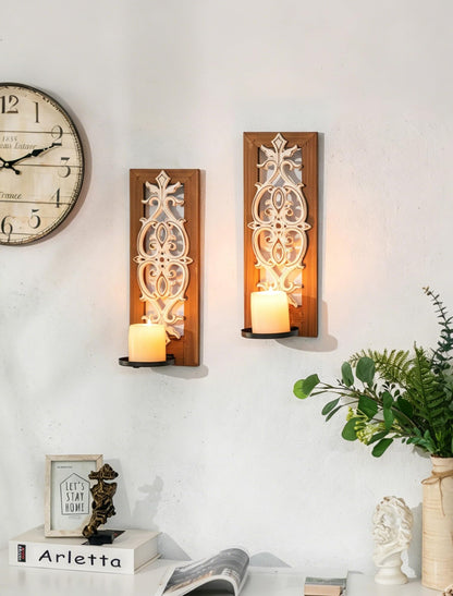 Farmhouse Wood Candle Sconces Wall Decor - Set of 2 Walasis Rustic Wall Candle Holder Decorative Carved Brown Candle Sconce Farmhouse Art Distressed Pillar Candles Holder for Fireplace Decor