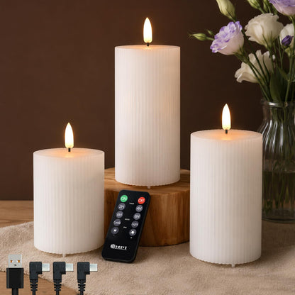 LEDHOLYT Rechargeable Flameless LED Pillar Candles–Luminous Real Wax Indoor Home Decor–Set of 3, Realistic Flickering LED Flame,Remote & Timer, USB-Rechargeable（White）