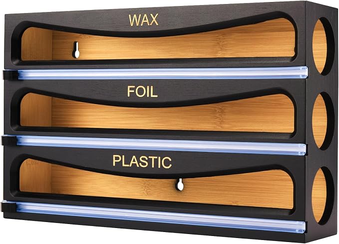Bamboo Wrap Dispenser with Cutter, Plastic Wrap Organizer, Aluminum Foil Organization, and Wax Paper Dispenser Holder for Kitchen Drawer and Wall, Compatible with 12" Roll (01 Black)
