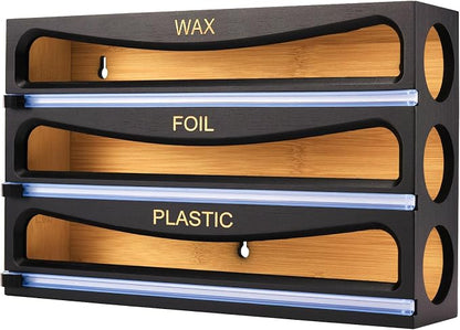 Bamboo Wrap Dispenser with Cutter, Plastic Wrap Organizer, Aluminum Foil Organization, and Wax Paper Dispenser Holder for Kitchen Drawer and Wall, Compatible with 12" Roll (01 Black)