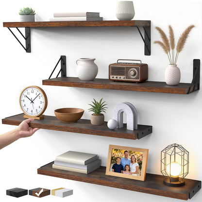 BAYKA Wall Shelves for Bedroom Decor, Floating Shelves for Wall, Display Mounted Rustic Wood Shelf for Books,Plants,Corner Shelves for Bathroom,Kitchen,Living Room(Rustic Brown，23in，Set of 4)