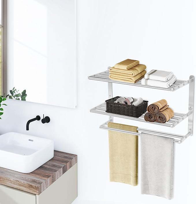 3 Tier Towel Racks for Bathroom Wall Mounted, 24 inch Bathroom Shelf with Towel Bar, Brushed Nickel Shelves for Towels, Stainless Steel Modern Silver Multi Holder