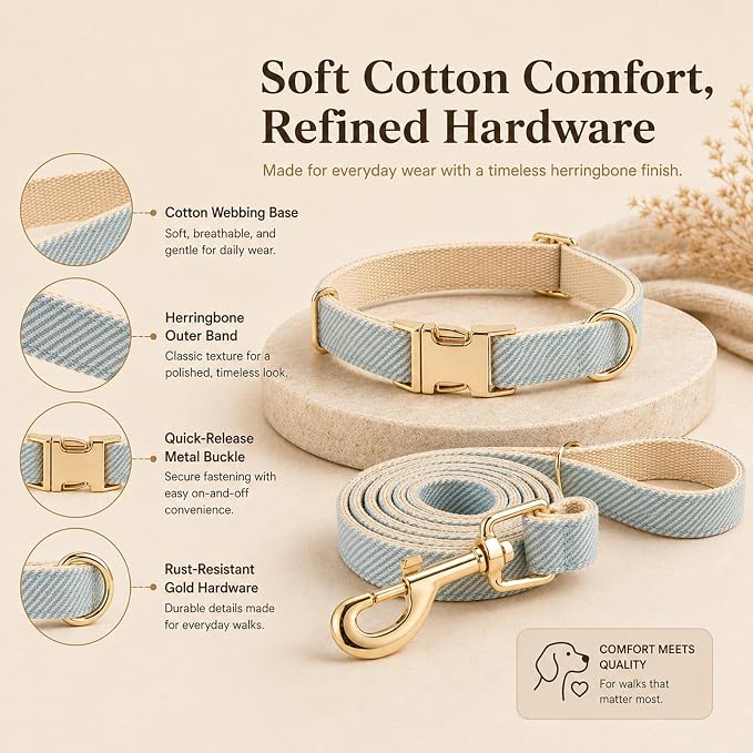 Herringbone Tweed Dog Collar and Leash Set for Medium Dogs, Light Blue | Snag-free, no-rub design. Soft breathable cotton, gentle on fur. Adjustable durable matching combo for walks & outdoors.