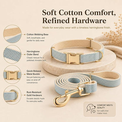Herringbone Tweed Dog Collar and Leash Set for Small Dogs, Light Blue | Snag-free, no-rub design. Soft breathable cotton, gentle on fur. Adjustable durable matching combo for walks & outdoors.