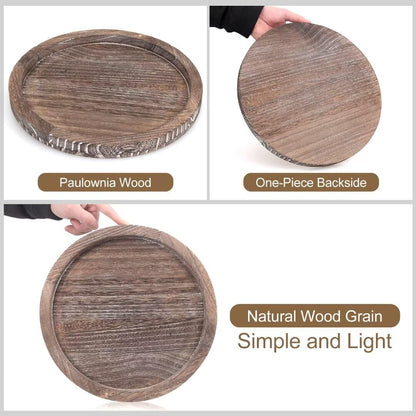 Round Decorative Wooden Serving Trays for Ottoman Coffee Table Tray Farmhouse Kitchen Home Decor Accents Circle Circular Wood Decorations Trays Rustic Dining Table Centerpiece Candle Holder Tray