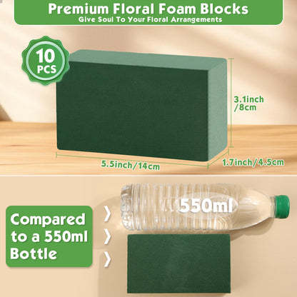 MAPVOLUT 10 Pcs Small Floral Foam Blocks 5.5” x 3.1” x 1.7”, with 2 Rolls Waterproof Floral Tape - 12mm x 65.62ft, for Fresh or Artificial Flower Arrangements, DIY Wedding, Home Decor, and Crafts