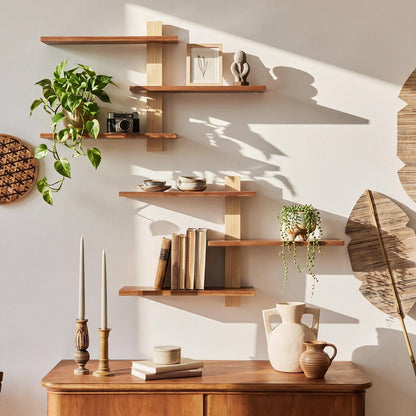 Pinkunn 2 Pack Wood 3 Tier Floating Shelf Large Minimalist Wall Shelves Mid Century Modern Furniture Wall Mount Shelf Art Decor Rustic Shelving for Bedroom Living Room Office Home(Natural Wood)