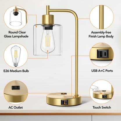QiMH Set of 2 Industrial Touch Control Table Lamps with 2 USB Ports and 2 AC Outlets, 3-Way Dimmable Bedside Nightstand Reading Lamps with 2700K LED Bulbs, Glass Desk Lamp for Living Room,Bedroom