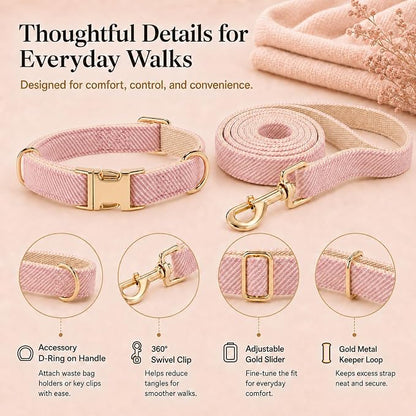 Herringbone Tweed Dog Collar and Leash Set for Large Dogs, Pink | Snag-free, no-rub design. Soft breathable cotton, gentle on fur. Adjustable durable matching combo for walks & outdoors.