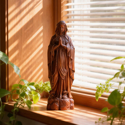 ASTARIKO Boxwood Our Lady of Lourdes Statue - 6" Hand-Carved Wooden Blessed Mother Virgin Mary Figurine with Rosary, Catholic Home Decor & Premium Healing Religious Gifts