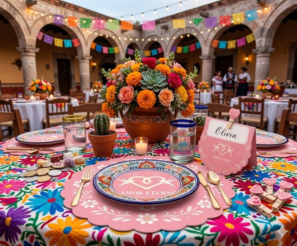 LPMingjia Cielito Lindo Mexican Fiesta Table Decor Kit, 150 Pcs Disposable Pink Scalloped Round Paper Placemats 50 Place Cards with Wooden Clips for Bridal Shower, Wedding, Cinco de Mayo