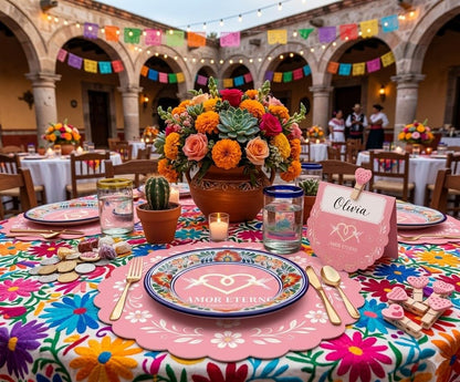 LPMingjia Cielito Lindo Mexican Fiesta Table Decor Kit, 150 Pcs Disposable Pink Scalloped Round Paper Placemats 50 Place Cards with Wooden Clips for Bridal Shower, Wedding, Cinco de Mayo