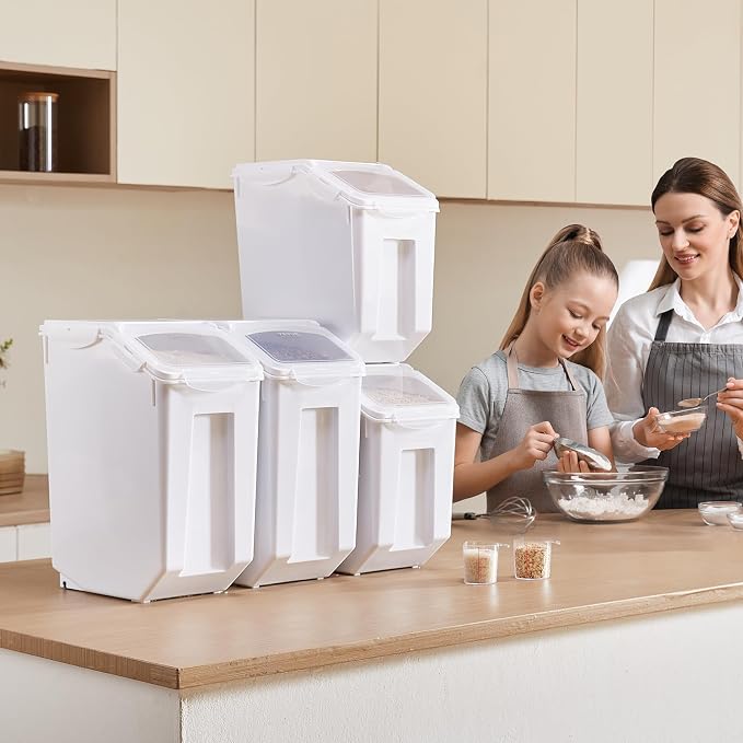 VEVOR Rice Storage Container, 3.5Gal/15Lx2 + 4.5Gal/20Lx2 Large Dog Food Dispenser Bin, Kitchen Ingredient Grain Cereal Bin, Pet food Containers with Wheels, 4 Measuring Cups, Airtight Lid, 4 Pack