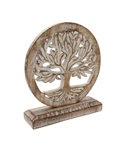 VANIYA CRAFTS® Wooden Tree of Life Table Sculpture – Handmade Carved Engraved Decor Statue for Living Room, Bedroom, Office, Shelf, or Cabinet (Antique White)
