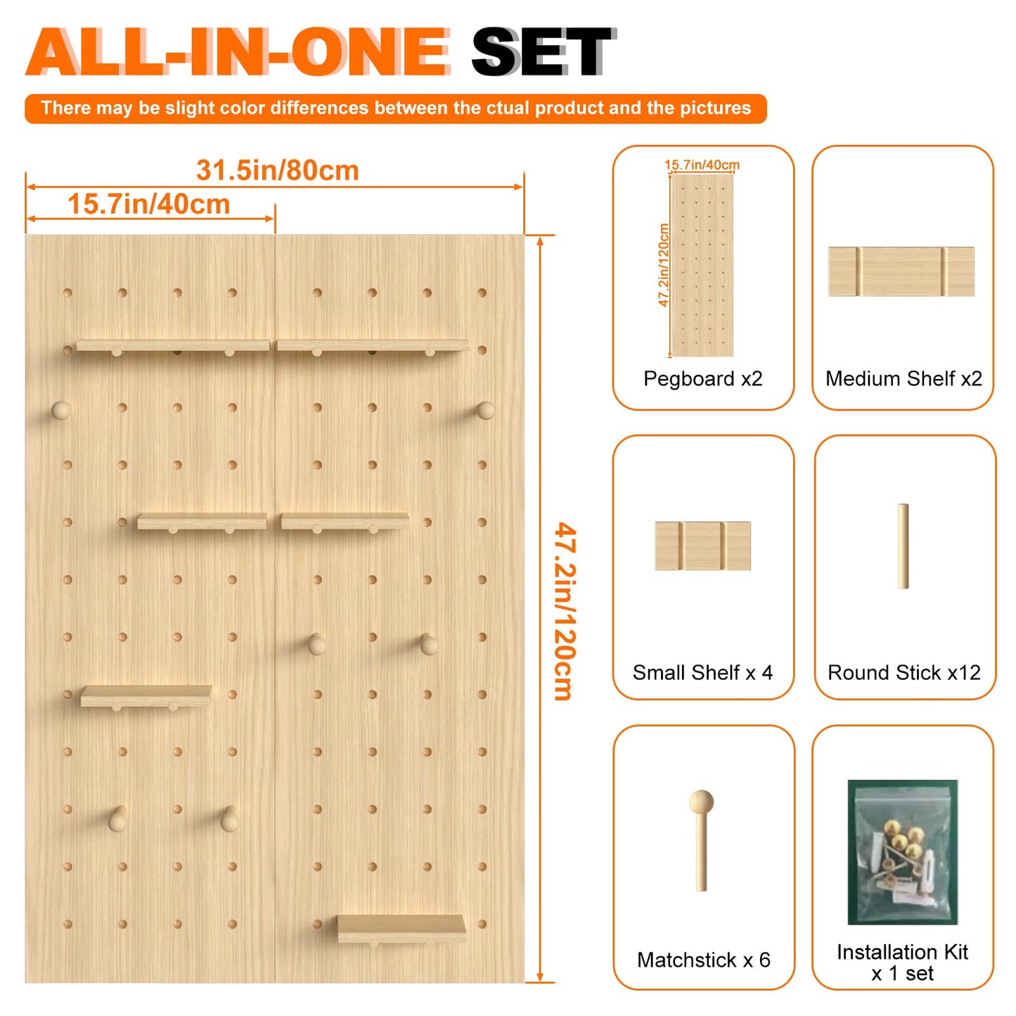 AMSXNOO Wood Pegboard Wall Organizer Panels, Wooden Pegboard Combination Wall Organizer Kit, Display Peg Board Panel Kits for Office Bedroom Livingroom Studyroom (Wooden Color, 31.5X47.2IN/80X120CM)