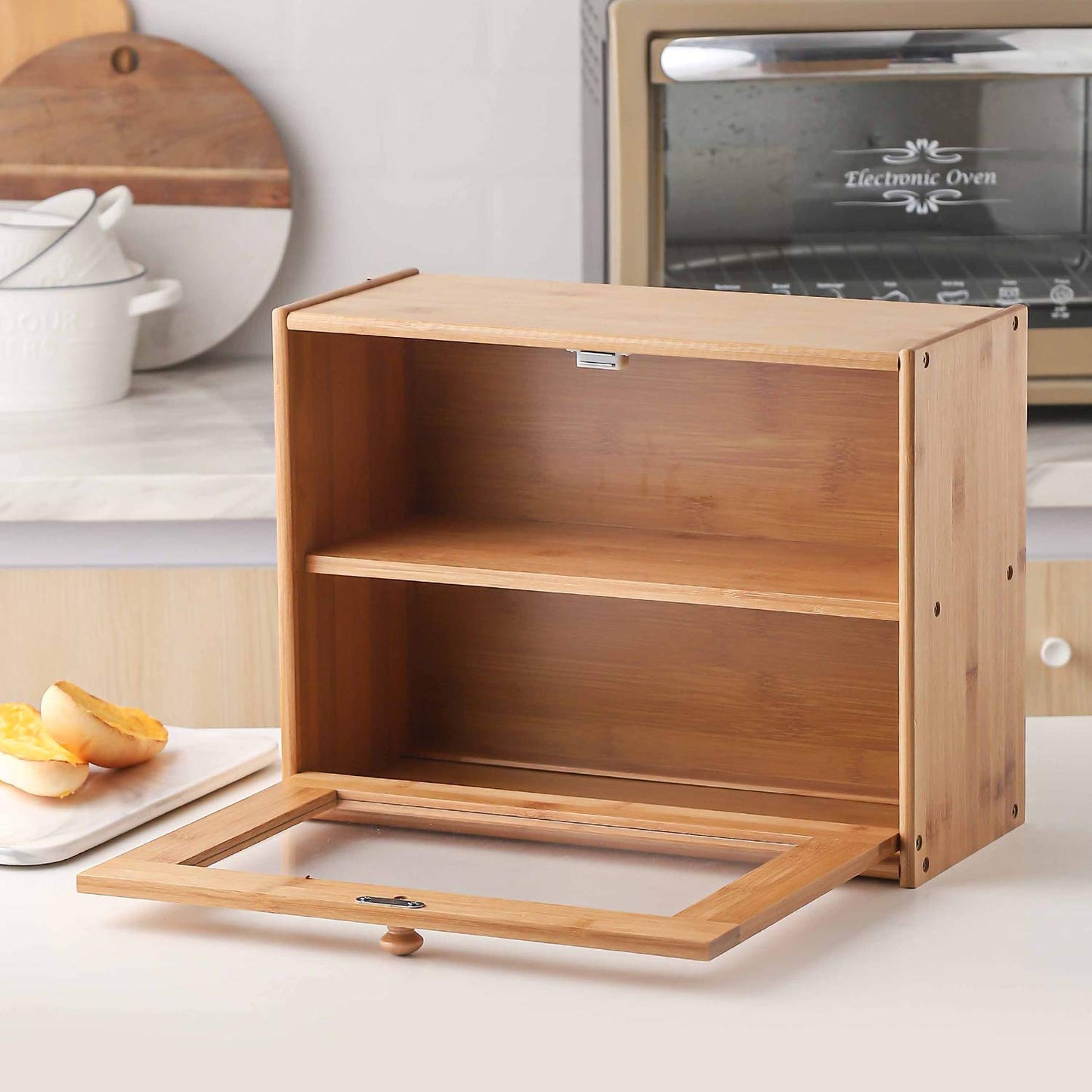 Bread Box, 2 Layer Bamboo Bread Boxes with transparent windows for Kitchen Food Storage, Equipped with three transparent glass storage Kitchen Canisters，15.7" x 6.69" x 12", (Assembled)