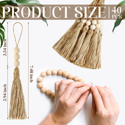 Taiyin 40 Sets Jute Tassels with 3 Wood Beads Natural Jute Rope Burlap Tassels for Christmas Tree DIY Craft Wood Beads Garland Project Wedding Home Party Decorations