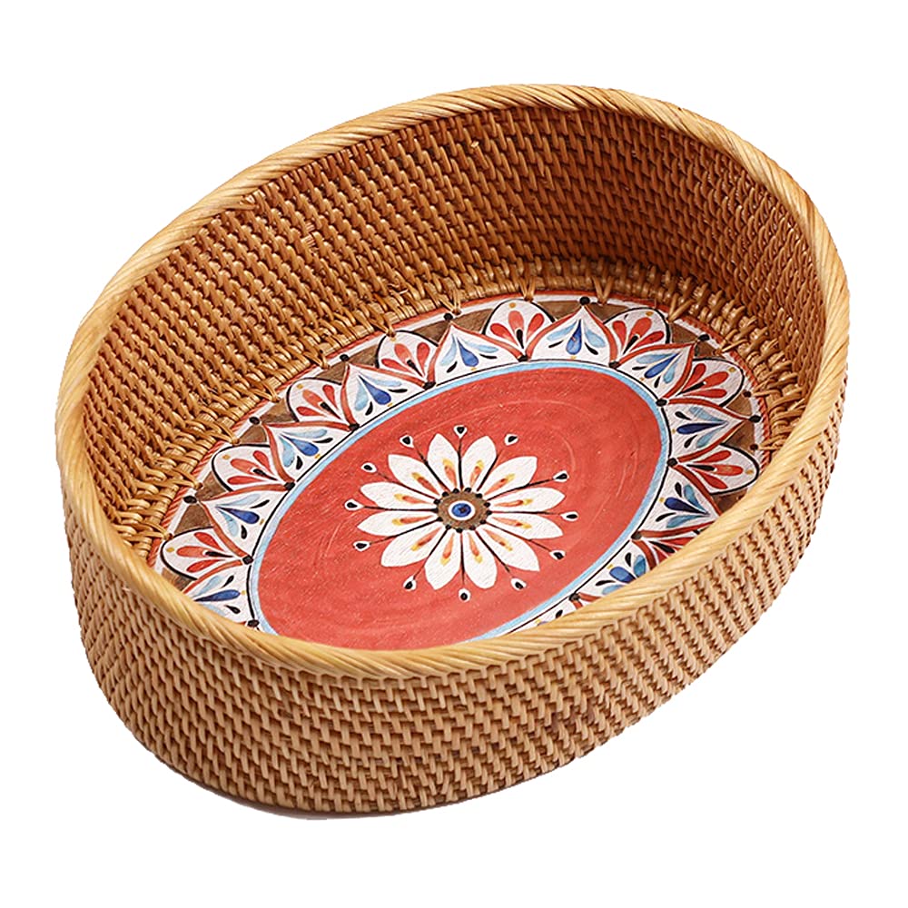 12 inch Oval Rattan Bread Basket, Deep Basket Tray with 4 Inch Wall and Painting Pattern Wooden Bottom, Decorative Wicker Basket Bowl for Coffee Table Décor, Kitchen, Bedroom, Brown, I-lan