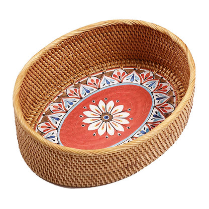 12 inch Oval Rattan Bread Basket, Deep Basket Tray with 4 Inch Wall and Painting Pattern Wooden Bottom, Decorative Wicker Basket Bowl for Coffee Table Décor, Kitchen, Bedroom, Brown, I-lan